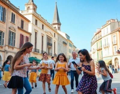 Gezin geniet van culturele activiteiten in Toulon, Frankrijk.