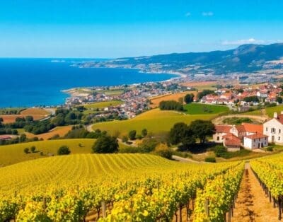 Levendig landschap van Nouvelle-Aquitaine, met wijngaarden en kustlijn.