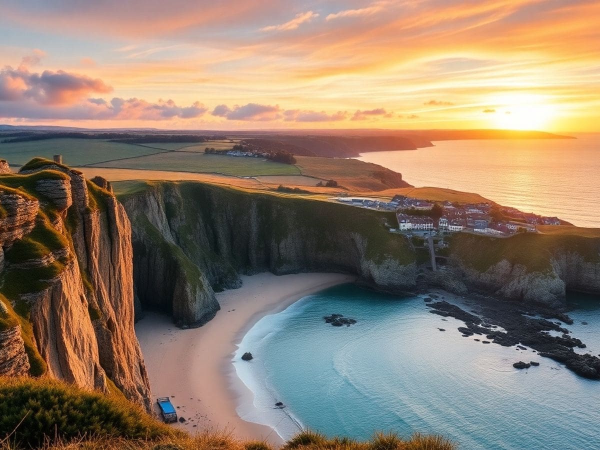 Brittany coastline with cliffs, beach, and sunset view.