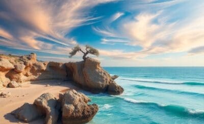 Surreal coastal landscape, artistic. Dali-esque forms.