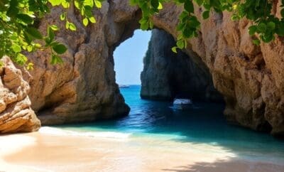 Paisagem costeira com entrada de caverna de praia privada.