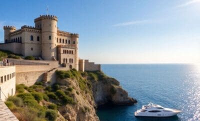 Château côtier, luxe, mer bleue, ciel dégagé.