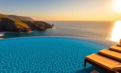 Complexe de luxe, piscine à débordement, vue sur les falaises de l'océan Atlantique.