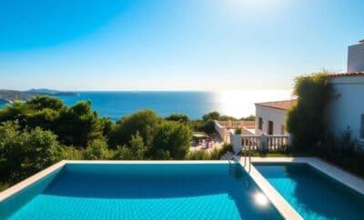 Küstennahe Villa mit Infinity-Pool, Insel Menorca, sonnenbeschienen.