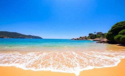 Mediterranean beach, golden sand, sparkling water