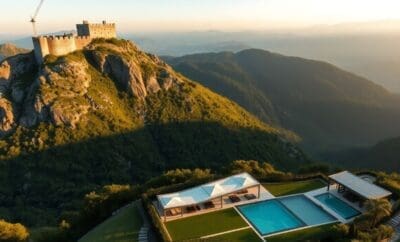 Fortaleza na montanha com vista para uma luxuosa propriedade no vale.