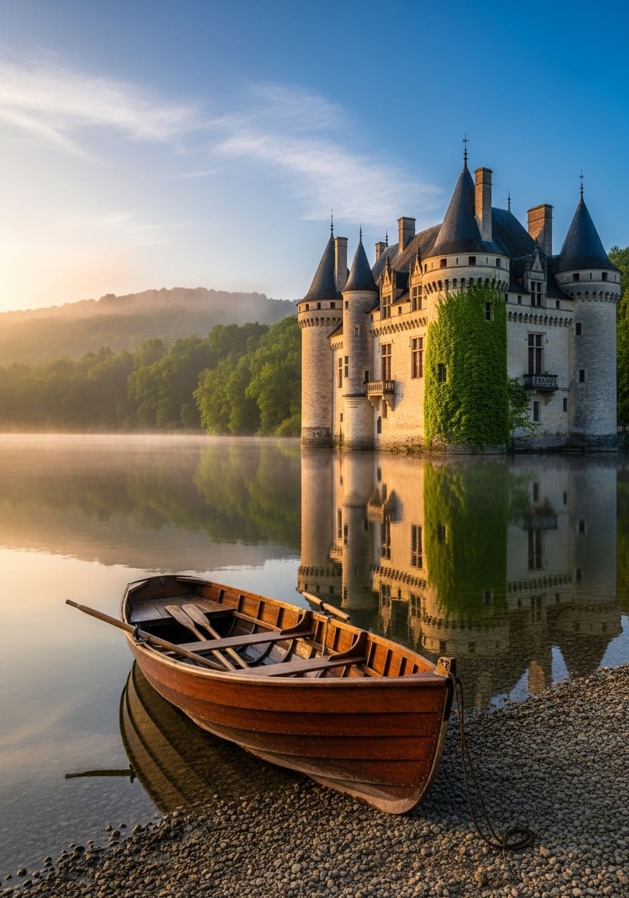 Luxury château rental Dordogne France — private lake with rowing boat