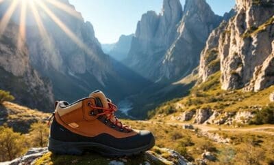 Montanhas ensolaradas dos Pirineus, equipamento de caminhada de luxo, céu limpo.