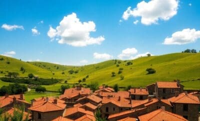 Cantabrian village houses nestled amongst green hills.