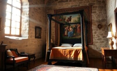 Interior de castelo, paredes de pedra, tapeçaria medieval, cama ornamentada.