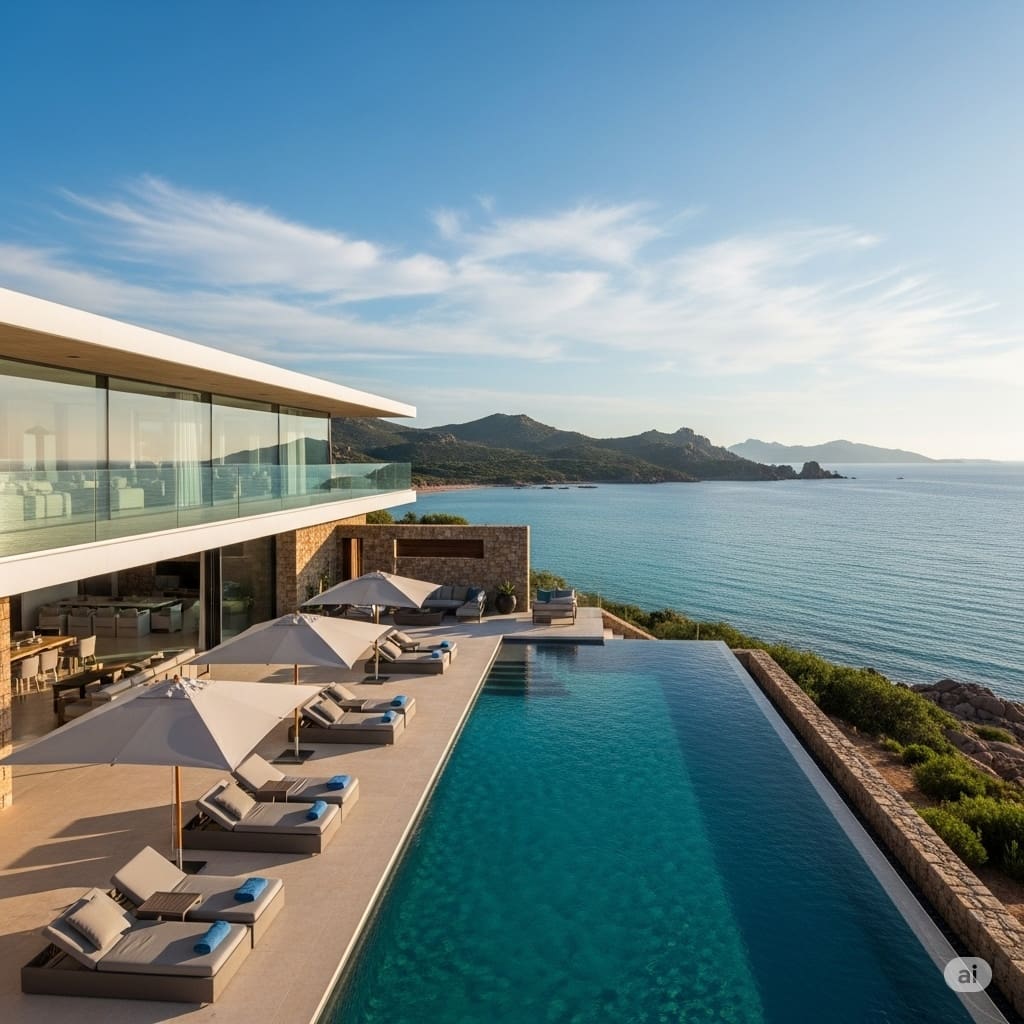 Luxury modern villa rental Sardinia — private pool beachfront Costa Smeralda