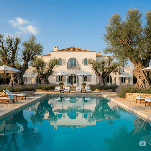 Luxury trulli villa rental Puglia Italy — private pool olive grove
