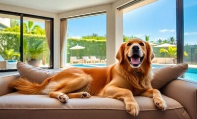 Luxury villa with dog enjoying a sunny poolside.