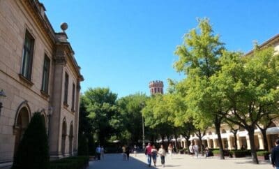 Place historique de Saragosse avec des bâtiments anciens et des arbres verts.
