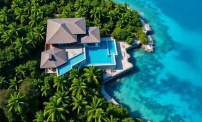 Villa de lujo con piscina infinita con vistas al océano turquesa.