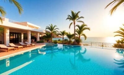 Moradia de luxo com piscina infinita com vista para o oceano.