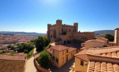 Historic castle overlooking Burgos with hiking trails.