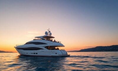 Couple sailing on a yacht at sunset in Croatia.