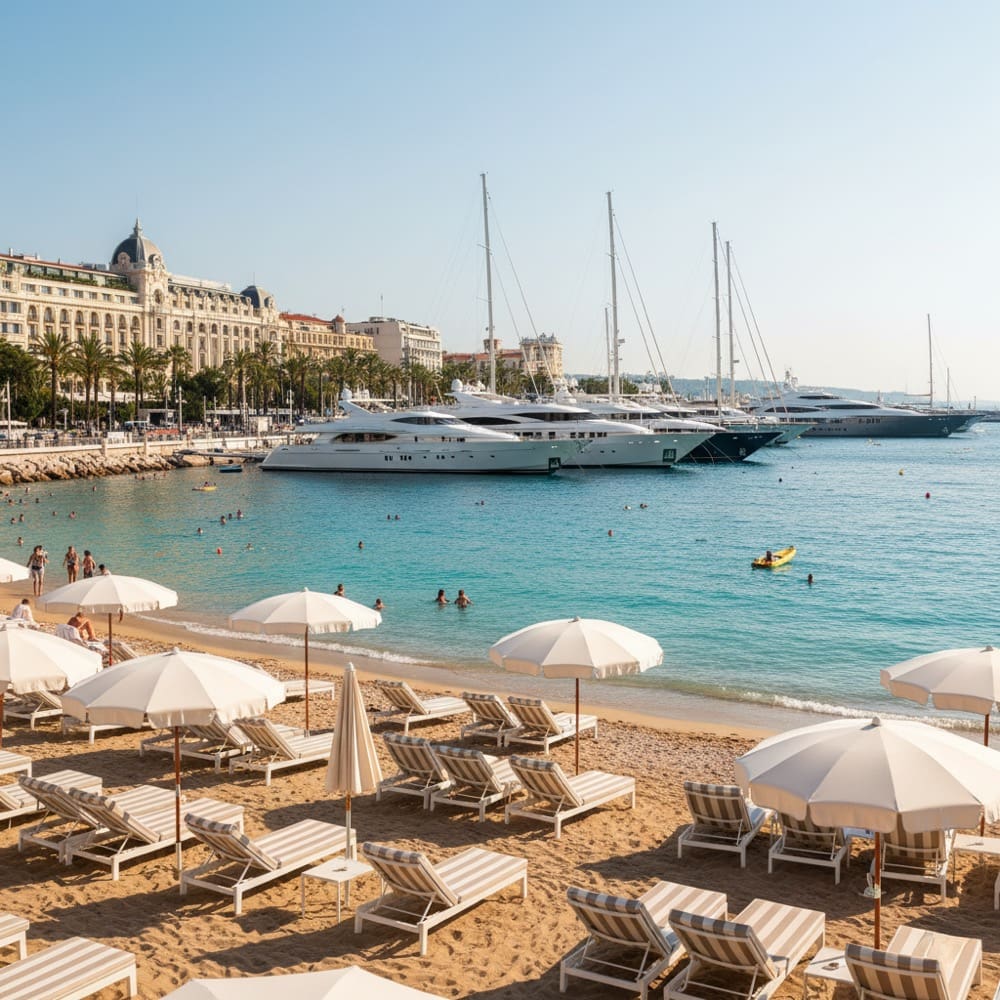 Cannes beach with luxury yachts South of France villa rental
