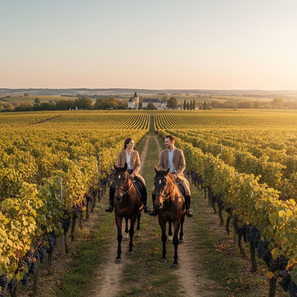 Couple horse riding near château rental Bordeaux France