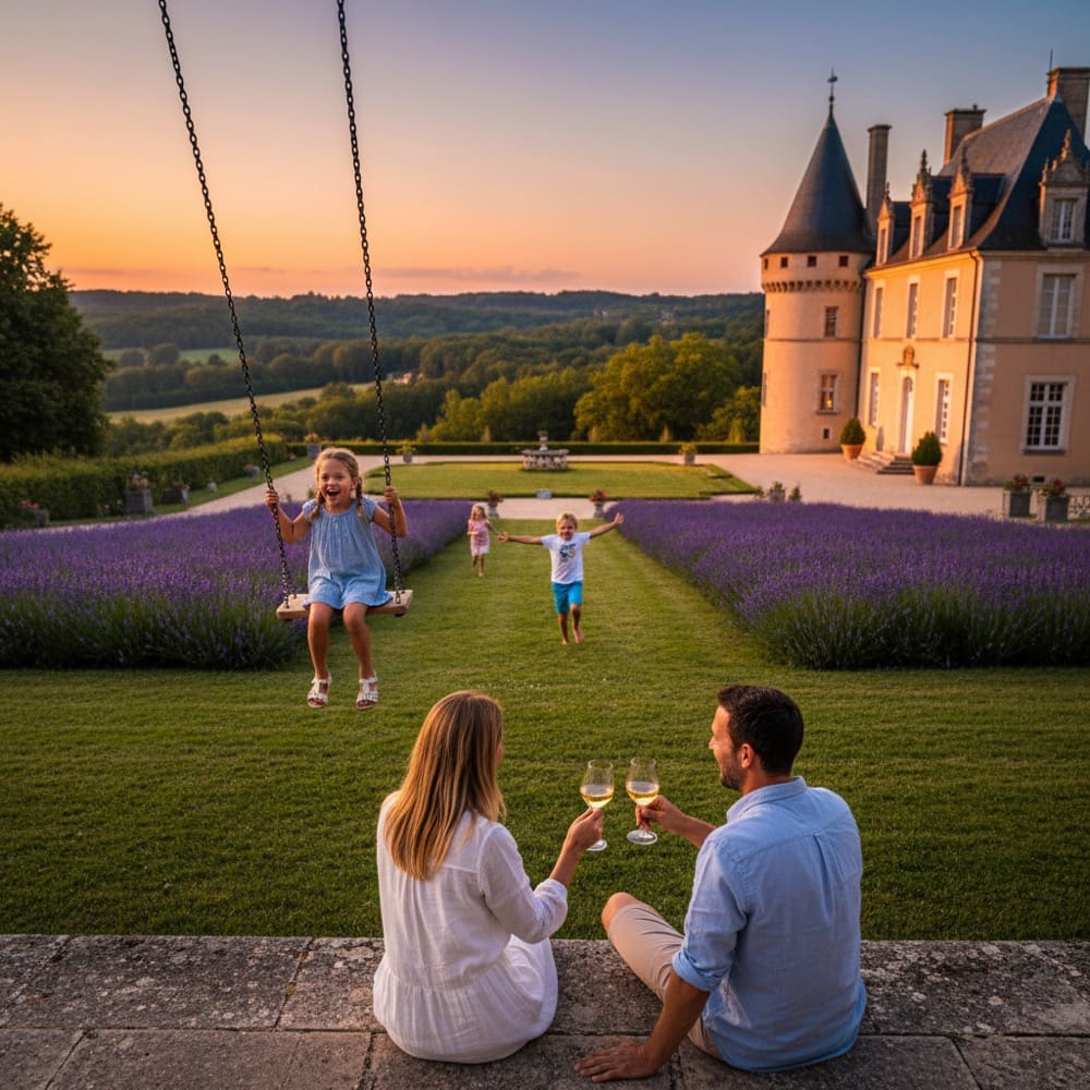 Family picnic in grounds of luxury chateau Dordogne France