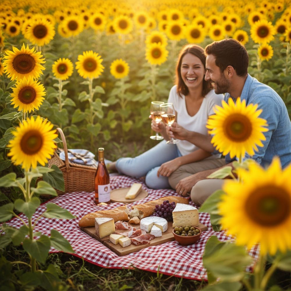 Romantic couple picnic in sunflower field Dordogne France chateau holiday