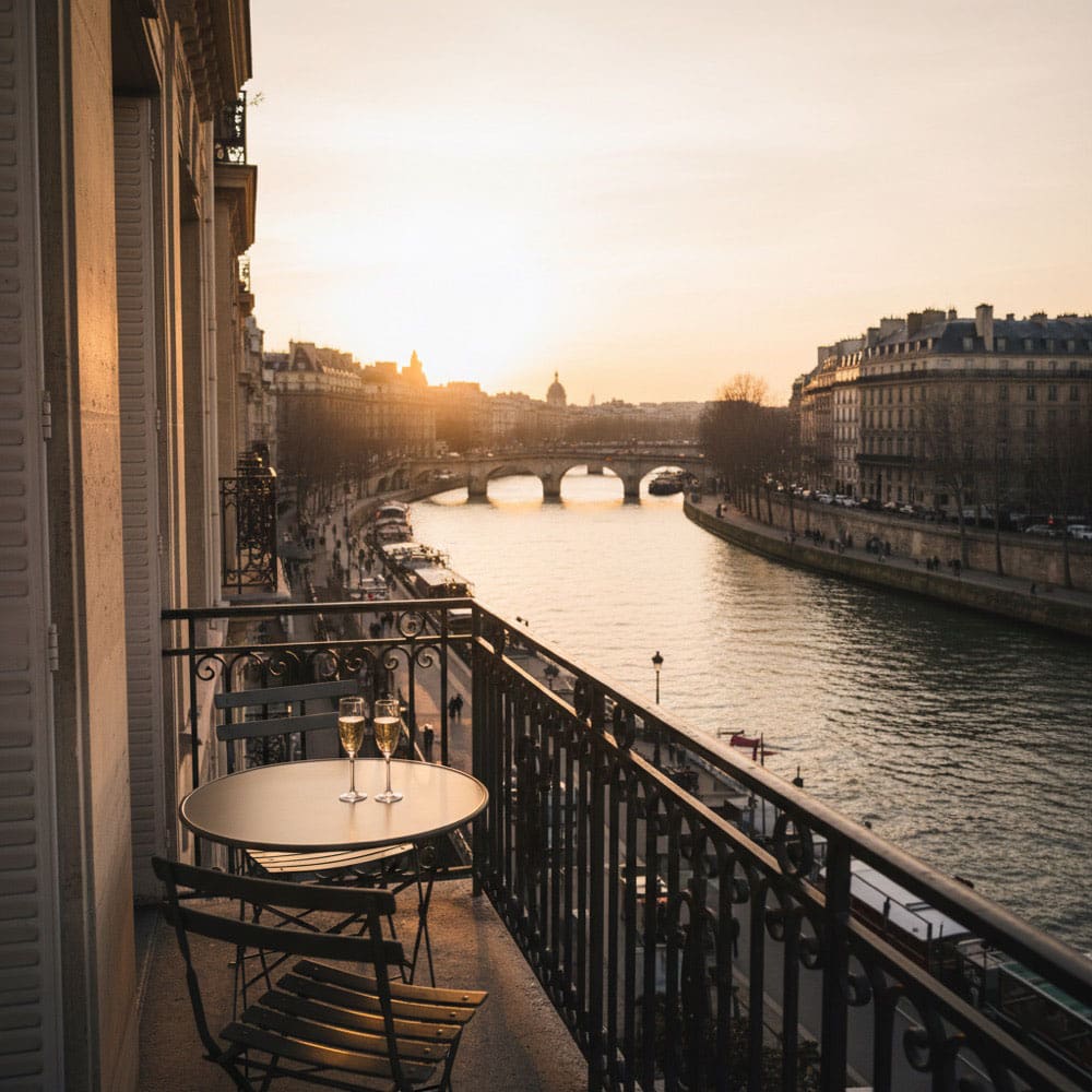 Luxury Paris apartment rental — private balcony overlooking the River Seine