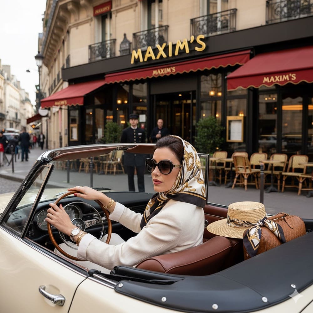 Woman in classic convertible driving through Paris — luxury holiday rental concierge