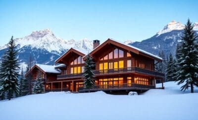 Chalet di lusso nelle Alpi italiane innevate con finestre illuminate