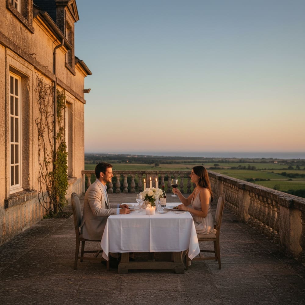 Romantic couple dining at luxury chateau Aquitaine France
