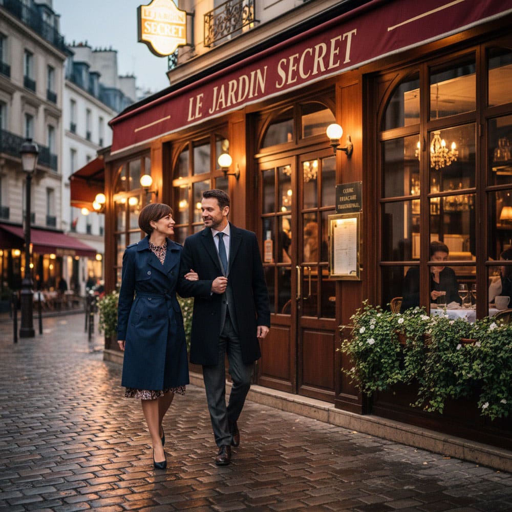 Couple at Paris restaurant entrance — luxury romantic break rental
