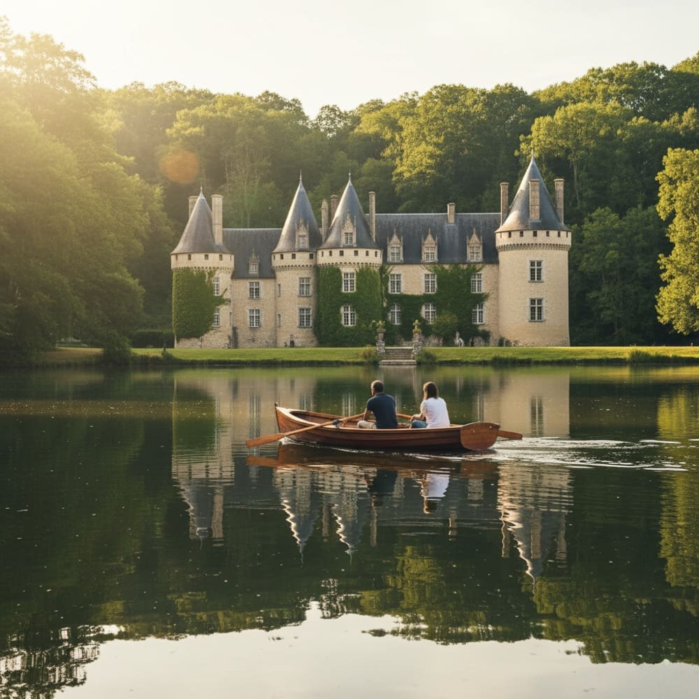 Couple rowing on private lake at luxury chateau rental Dordogne France