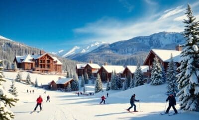 Resort de esqui de luxo em paisagem montanhosa nevada do Colorado