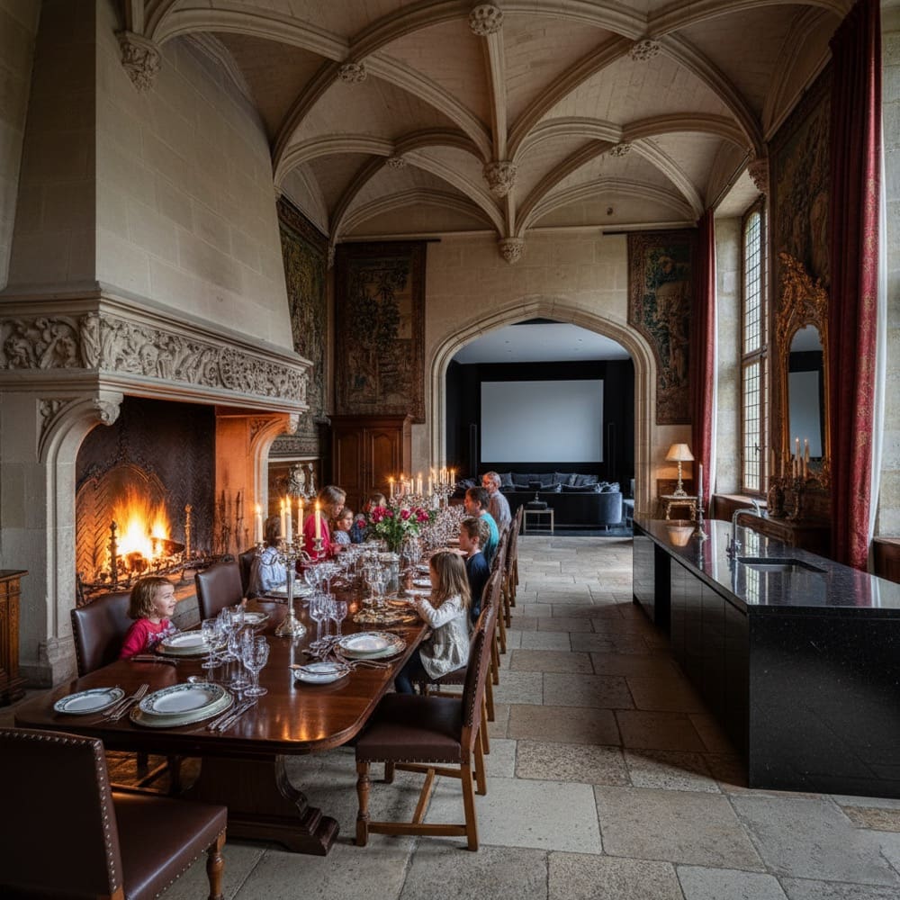 Family dining by fireplace at private chateau rental Dordogne France