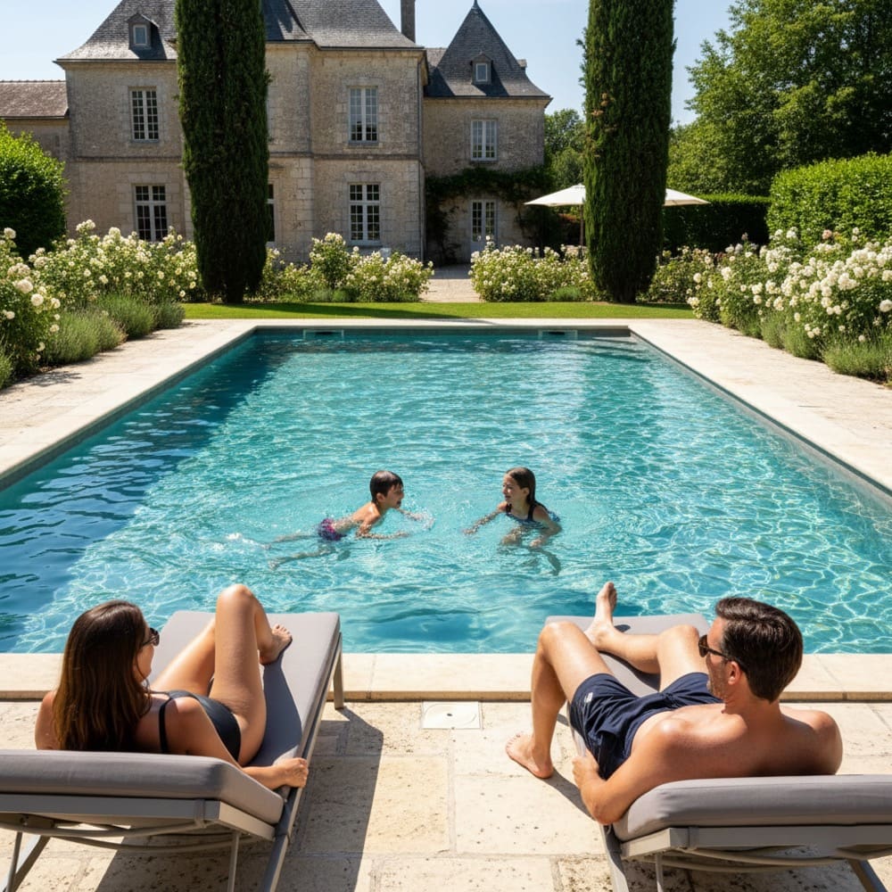Family playing in pool luxury chateau rental Aquitaine France