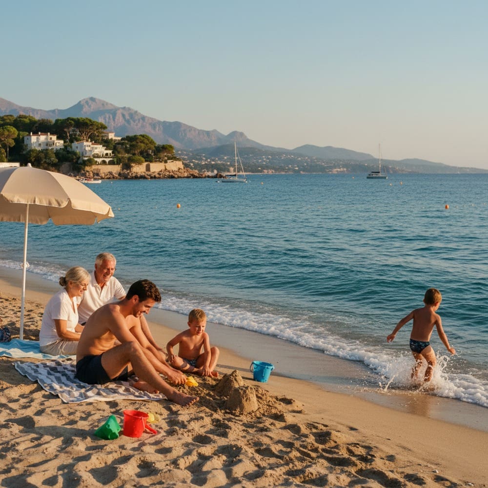 Family playing on sandy beach South of France villa rental