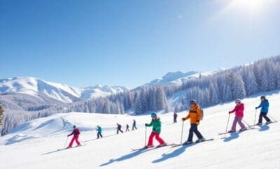 Principianti sciatori su dolci pendii innevati in una località sciistica