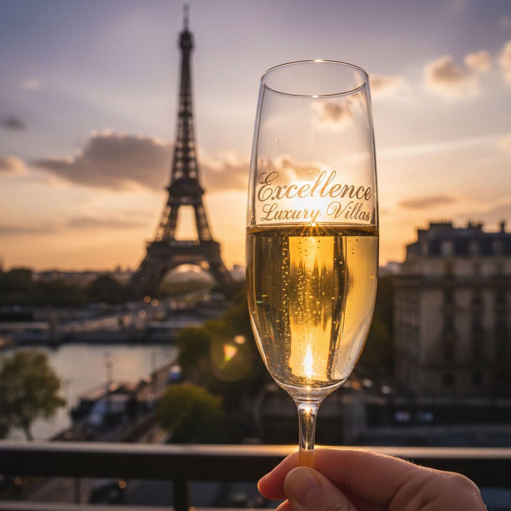 Excellence Luxury Villas champagne glass with Eiffel Tower Paris — luxury vacation rental
