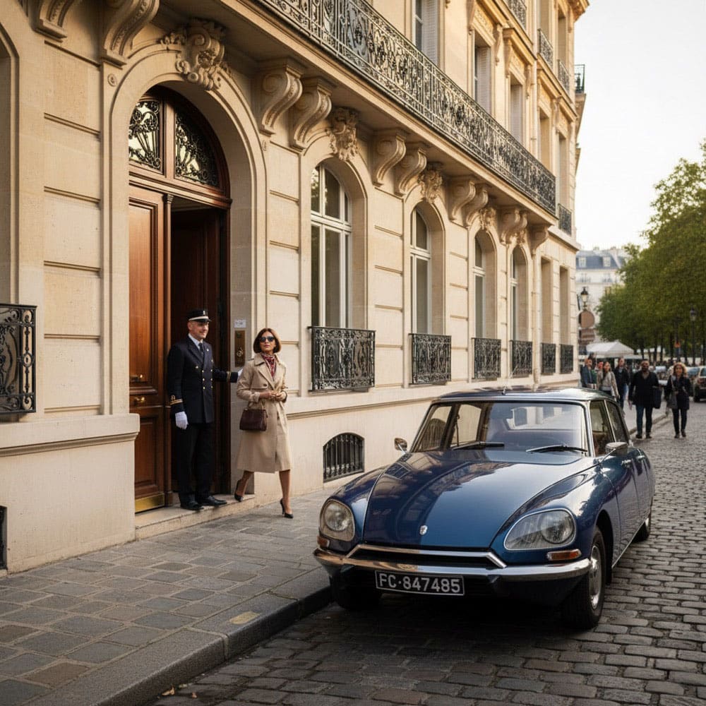 Luxury hôtel particulier Paris — concierge and Citroën DS on cobbled street