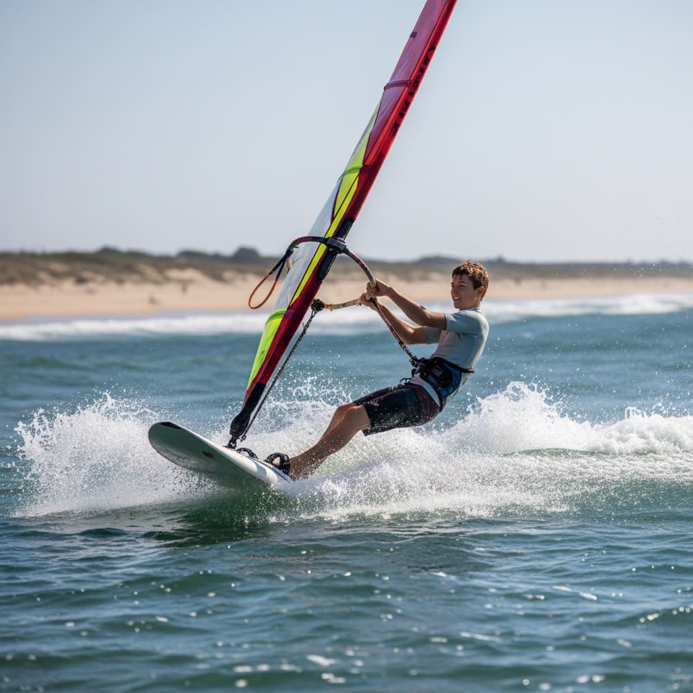 Child windsurfing on Atlantic coast Aquitaine France villa holiday