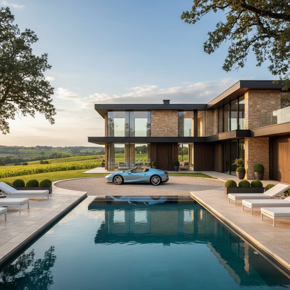 Modern luxury chateau rental Bordeaux France with Ferrari