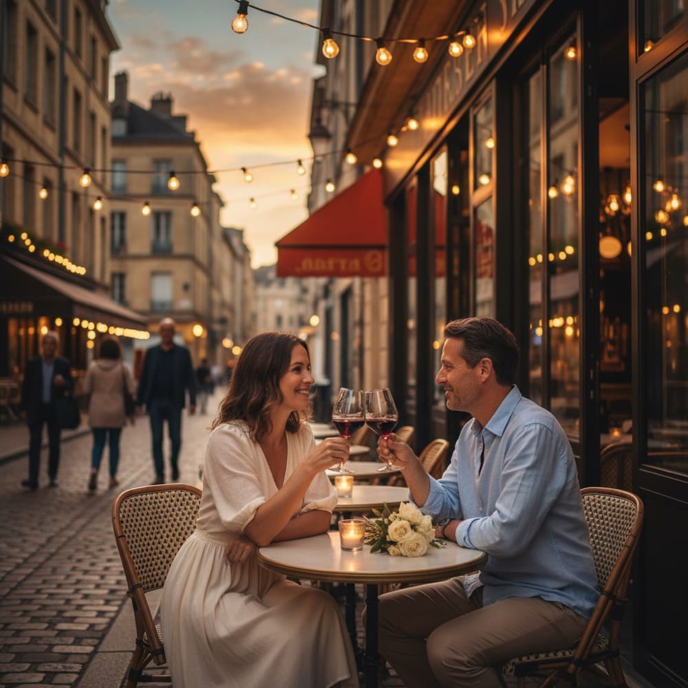 Romantic couple at cafe Bordeaux France chateau holiday