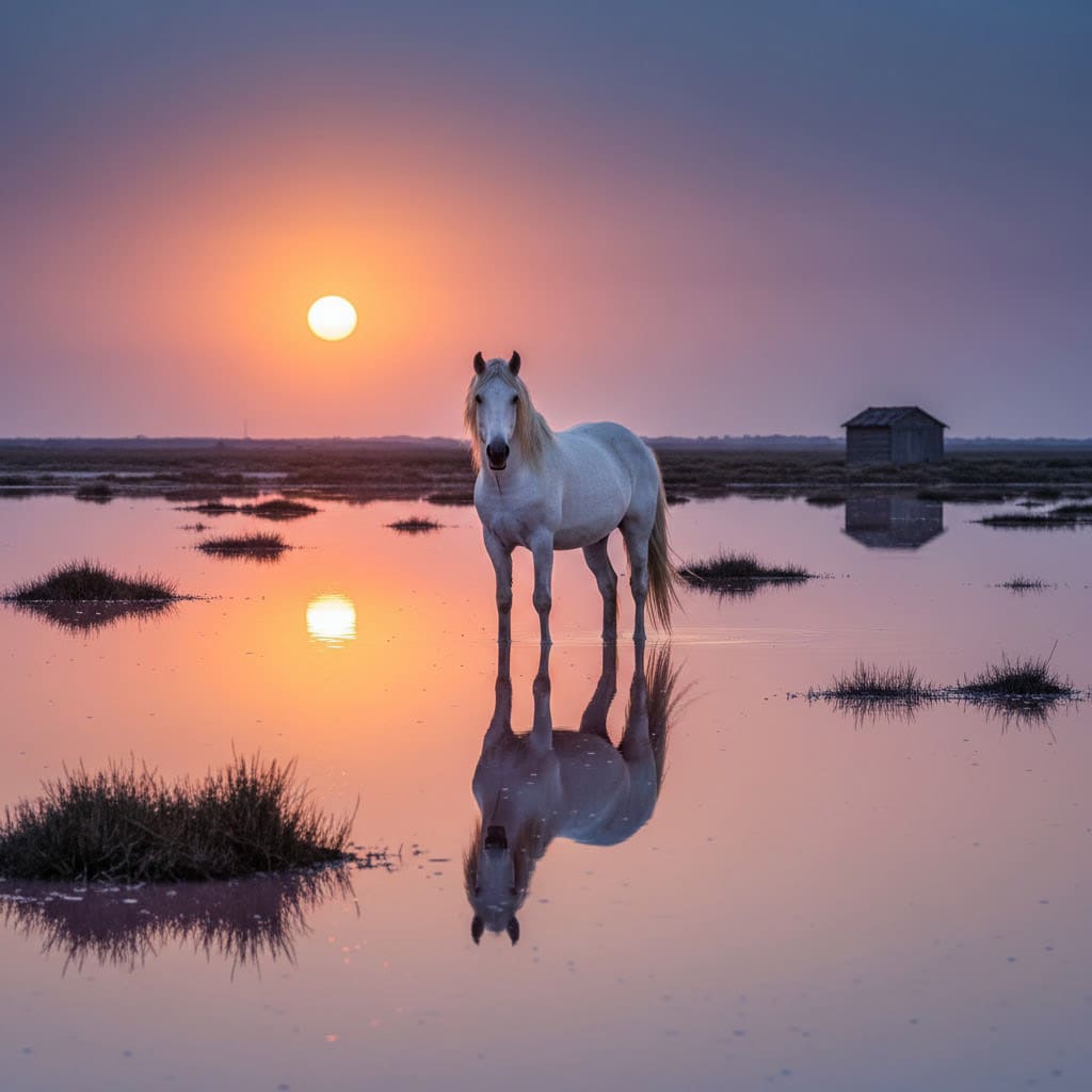 Horses on salt flats of the Camargue Provence South of France
