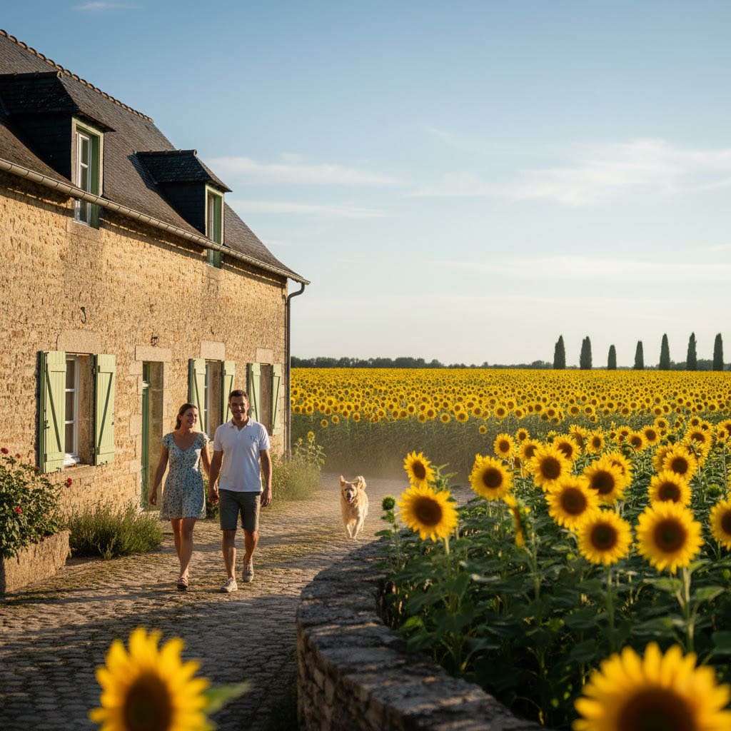 Couple walking Loire Valley sunflowers — luxury château holiday France